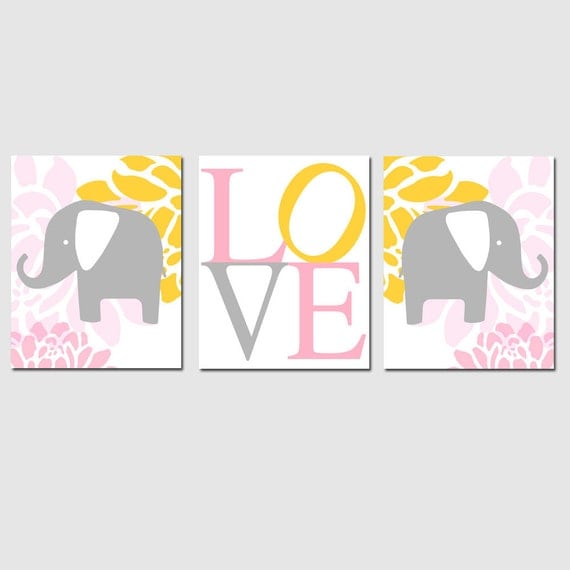 Modern Elephant Love Trio - Set of Three 8x10 Nursery Prints - Choose Your Colors - Shown in Soft Pink, Gray, Yellow, White