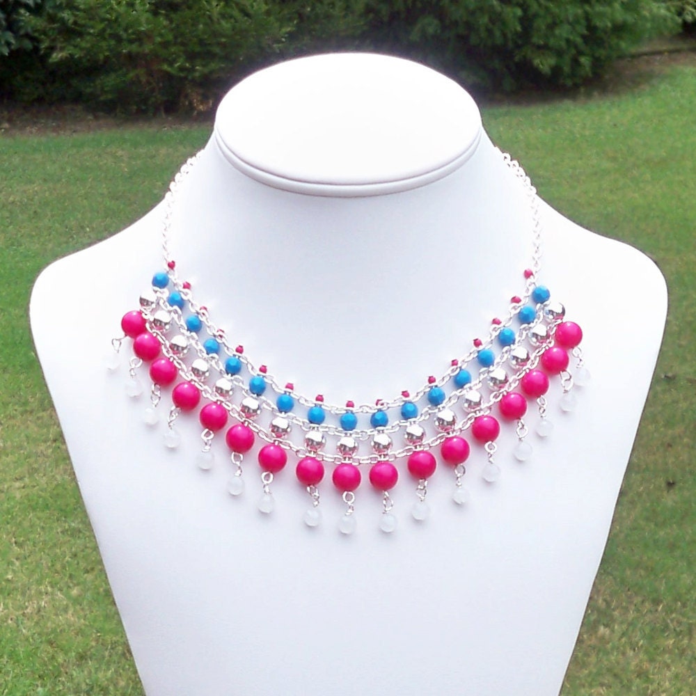 Pintara - Chunky, Magenta PInk, Turquoise Blue, White Beaded Silver Chainmaille Chain Link Necklace