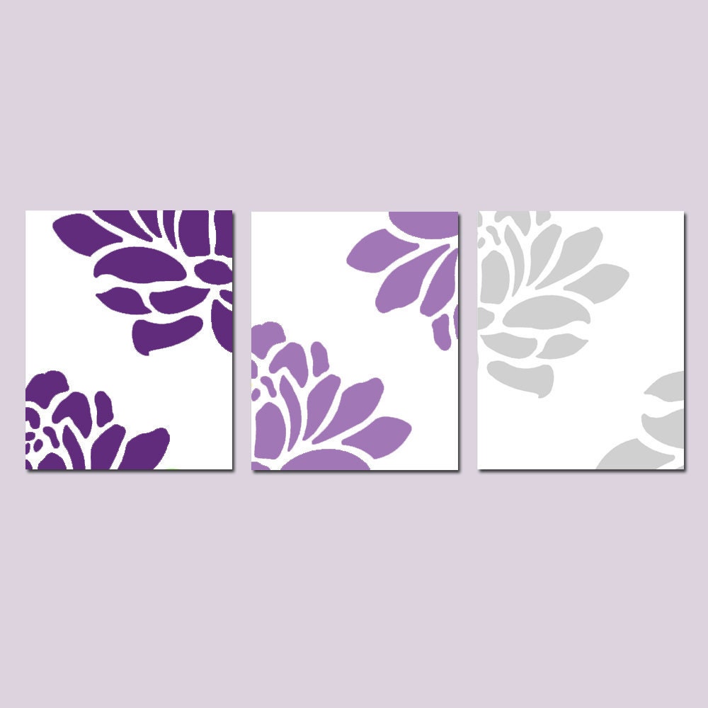 Floral Trio - Set of Three Coordinating 8x10 Prints - Choose Your Colors - Shown in Purple and Gray Medley - Modern Nursery Decor