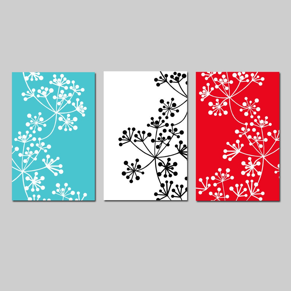 Modern Decor Botanical Trio - Set of Three 11x17 Coordinating Floral Prints - Choose Your Colors - Shown in Black, White, Red, Turquoise