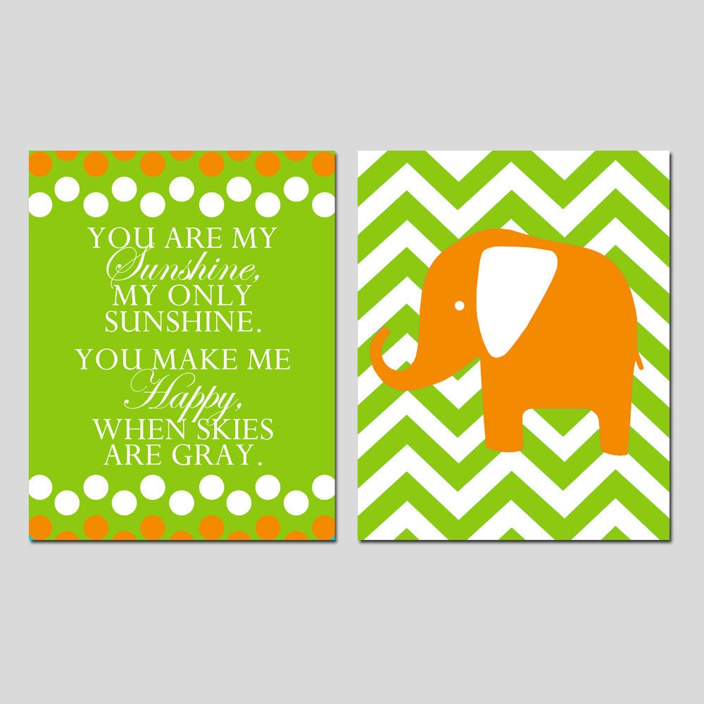 You Are My Sunshine Polka Dot and Chevron Elephant - Set of Two 11x14 Prints - Modern Nursery Art - Choose Your Colors