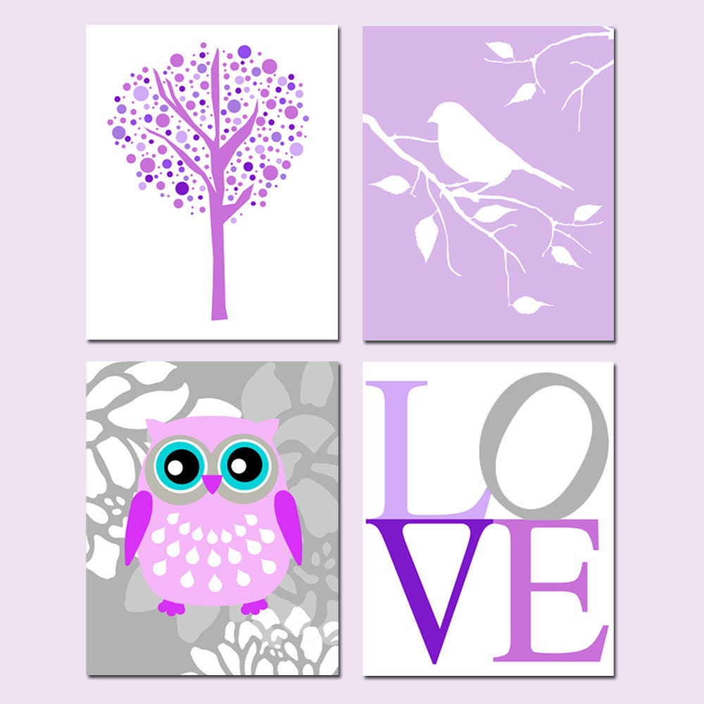 Modern Nursery Quad - Set of Four 8x10 Prints - Tree Dot, Bird On A Branch, Floral Owl, LOVE Typography - Purple, Gray, Lilac, and More