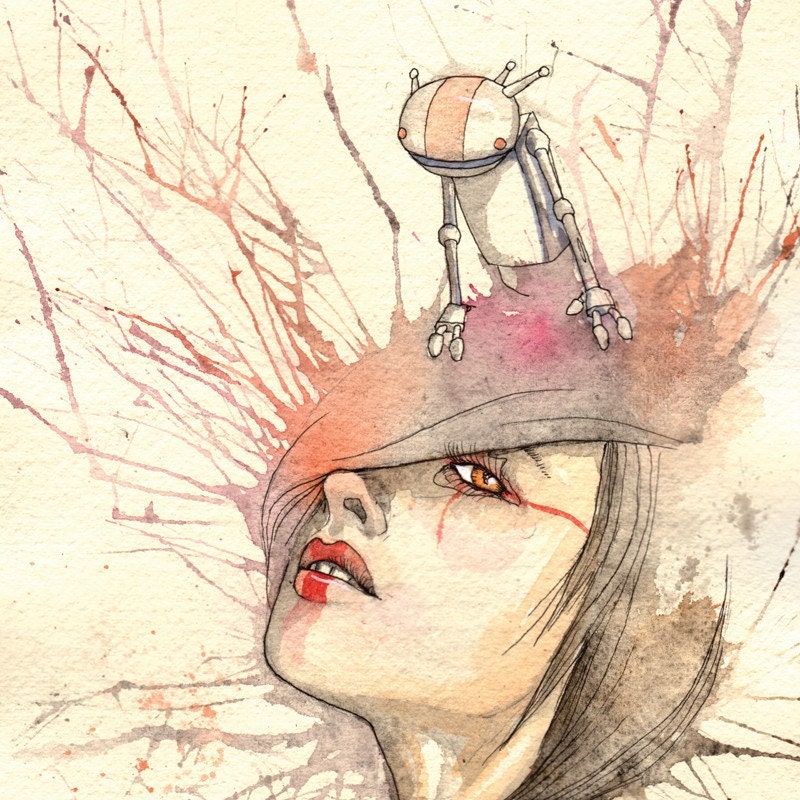 Once My Spark and Twice My Burn - 11x14 Robot Illustration Print by Cody Vrosh - Watercolor Art