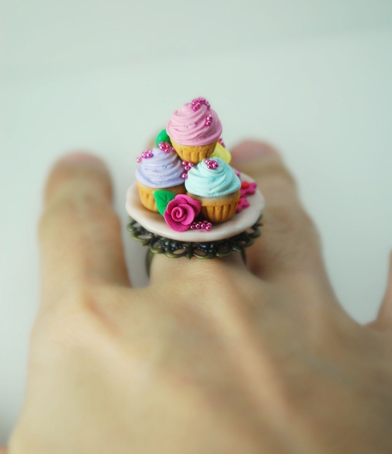 Marie Antoinette Cupcake Ring in Mniature Polymer Clay Food Jewelry