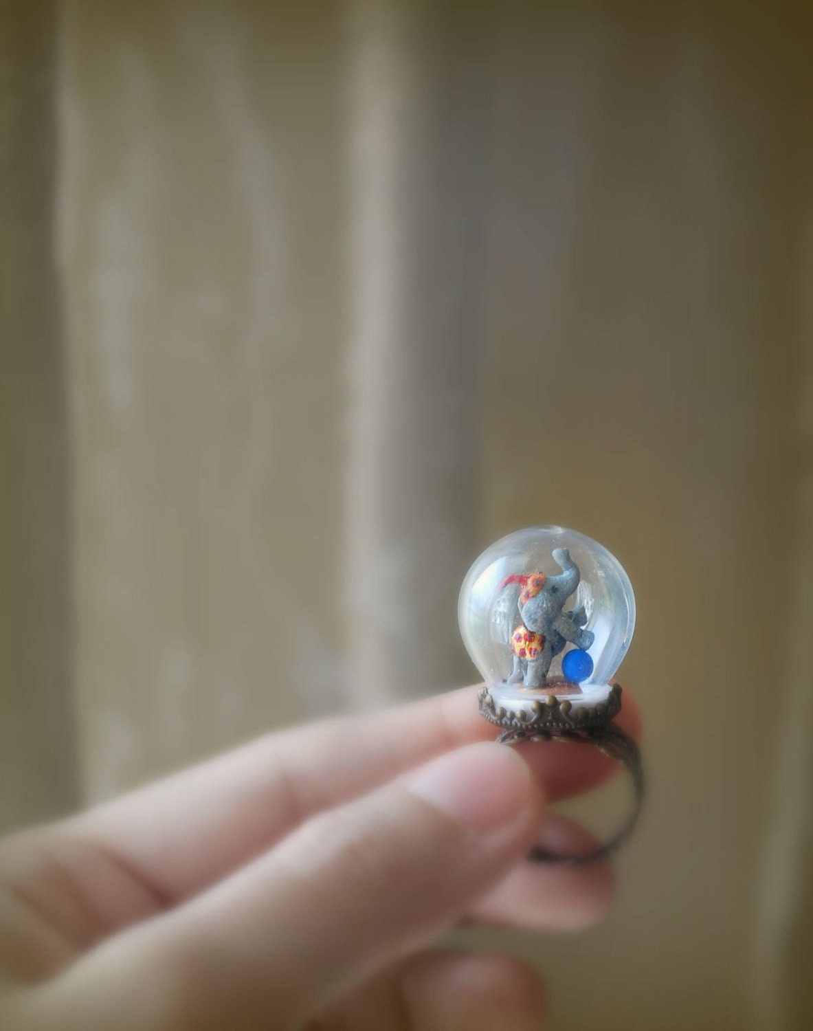 One of a Kind Elephant Ring in Pyrex Glass Dome. Handmade Miniature Polymer Clay Jewelry. Dainty Animal Diorama. Glass Dome Ring.
