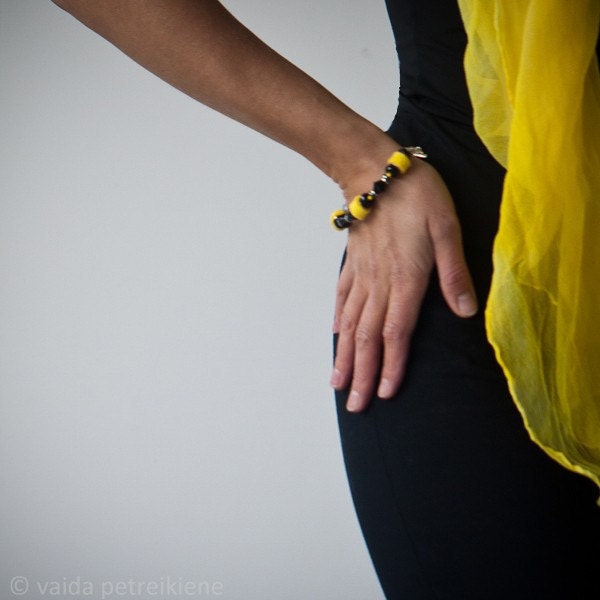 Elegant Vivid Yellow and Black Bracelet with Hand Felted Beads - Contrasts- Gift under 50 USD