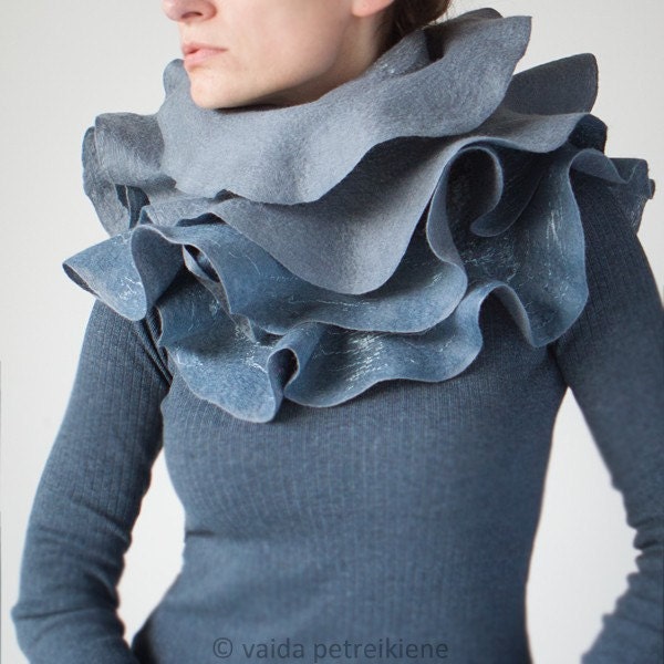 Scarf, Nuno felted ruffle shawl, Wavy scarf, Ruffle scarf in grey and jeans blue, Eco fashion, Statement gift for a special person