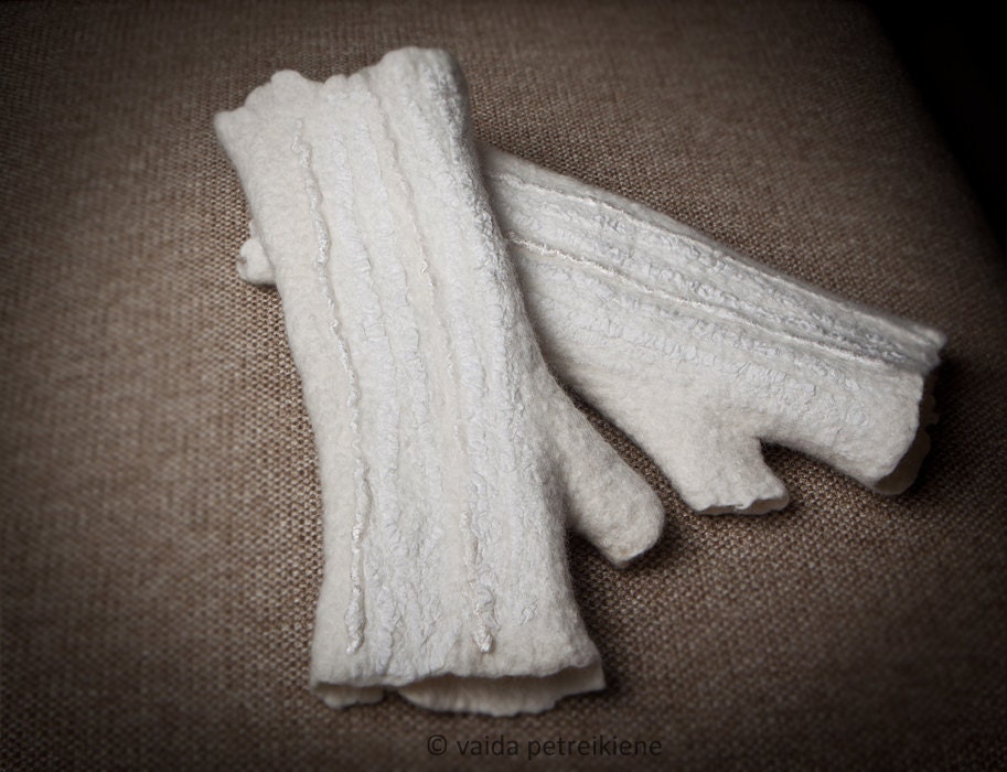 Felted Fingerless Mittens / Gloves / Wool Arm Warmers - In Ivory -  ready to ship now  - Gift under 50 USD