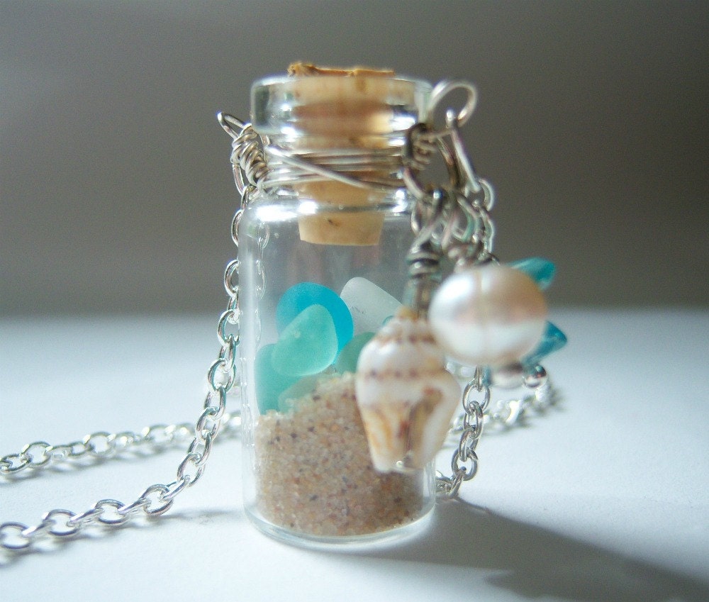 Glass Vial Necklace Glass Bottle Necklace Lake Michigan Beach Sand and Sea Glass Shell 26 inches