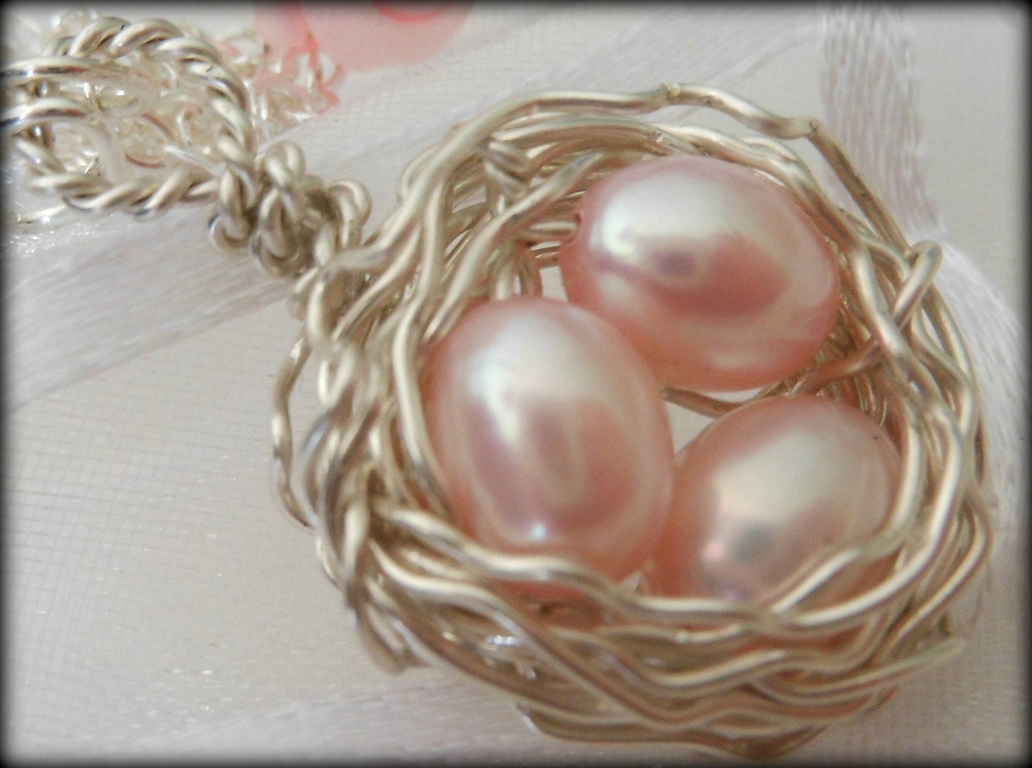 Birds Nest Necklace Wire Wrapped Pink Freshwater Pearls 3 Eggs Sterling Silver