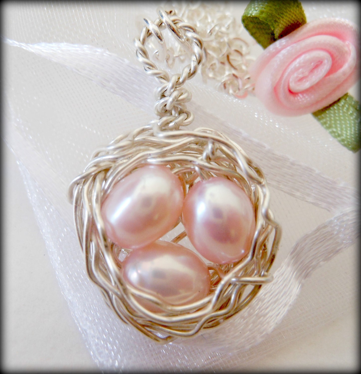 Birds Nest Necklace Wire Wrapped Pink Freshwater Pearls 3 Eggs Sterling Silver