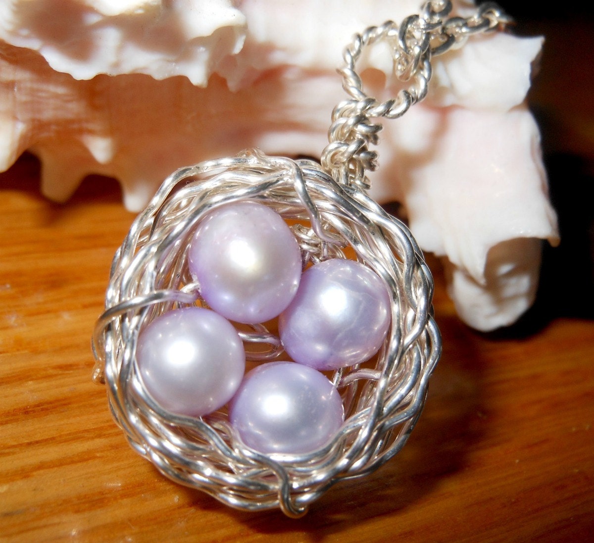 Birds Nest Necklace - Wire Wrapped - Sterling Silver - Purple Lavender Freshwater Pearl Eggs - Four Eggs