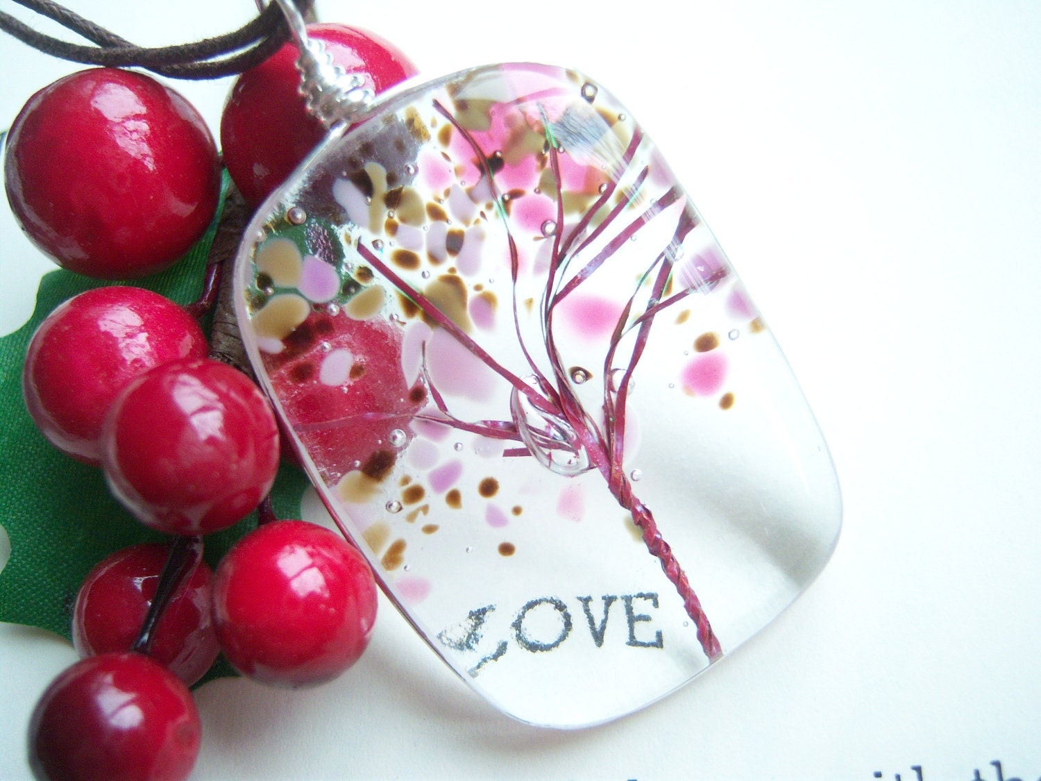 Tree of Life Fused Glass Pendant Cherry Blossoms A KarmaBeads Original