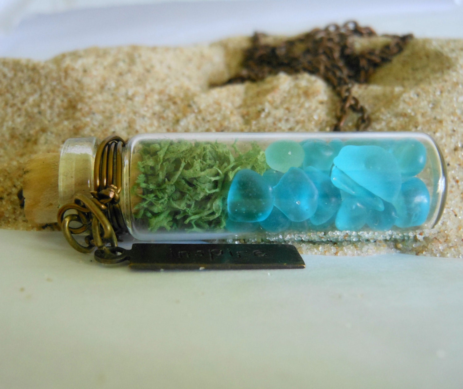 Glass Vial Necklace Bottle Moss Terrarium Seaglass Copper 24 inch Copper Chain with word Inspire Charm Tag Beach Ocean Summer