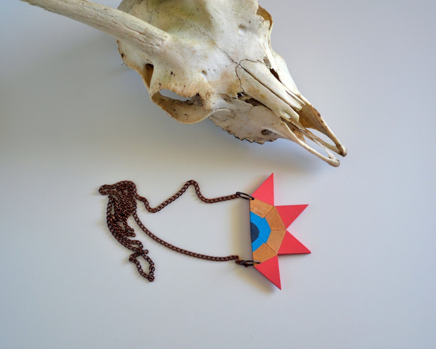 Yuchi Tribal Aztec Color Block Geometric Necklace in Coral Pink, Gold, Turquoise and Charcoal Gray