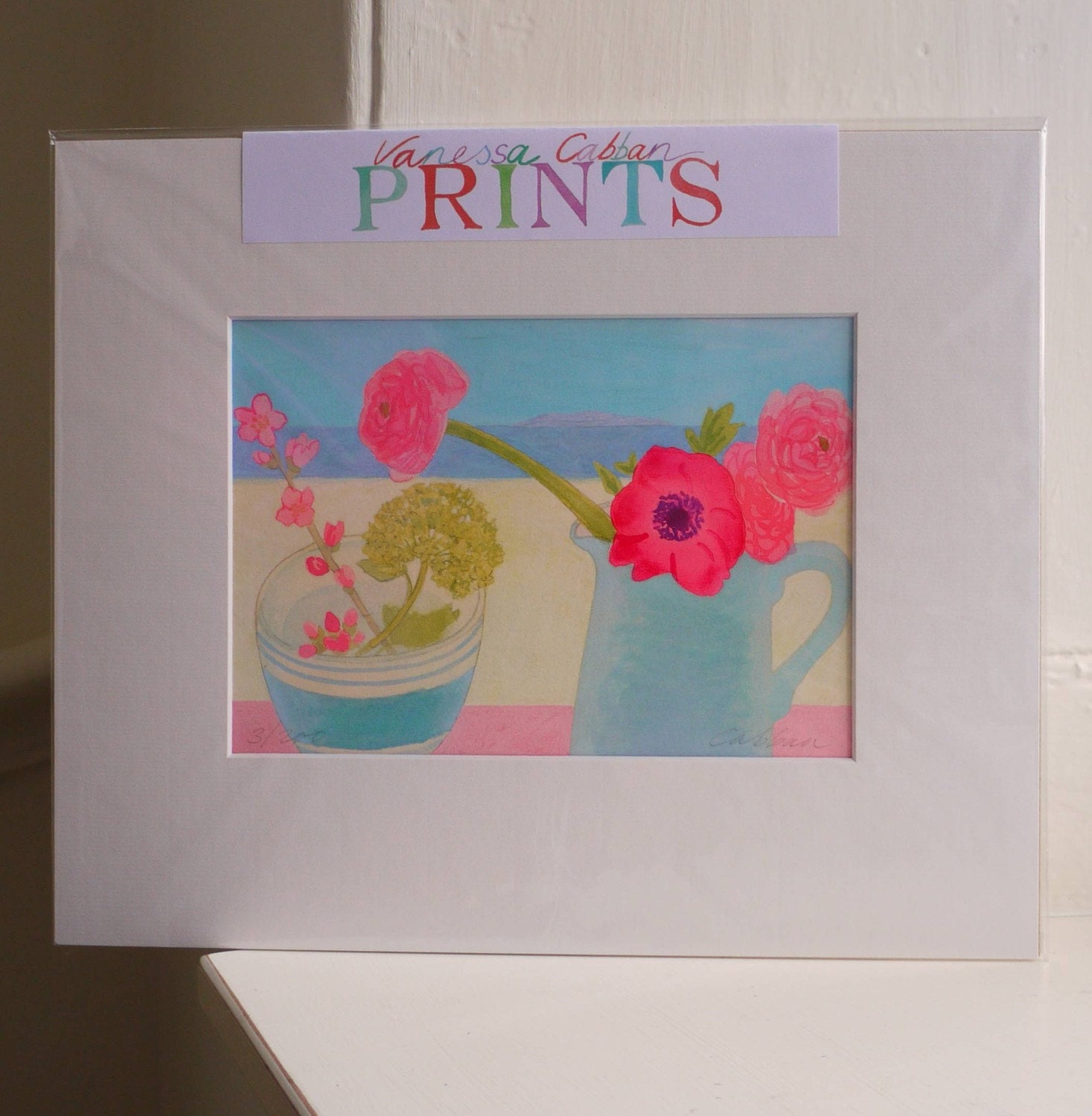 Limited edition Giclee print, titled 'Pink Ranunculus in a Blue Jug'