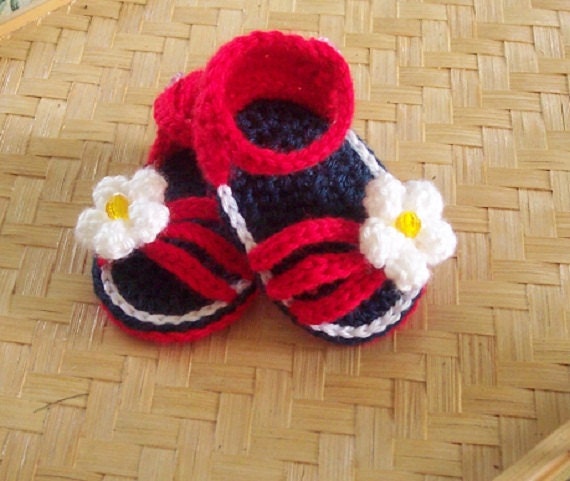 Baby Shoes Crochet Handmade Strappy Sandals - Red White & Blue- Infant Kids Accessories