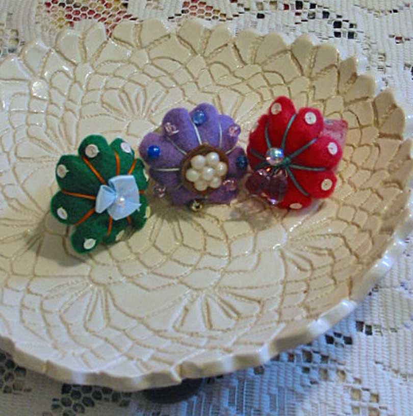 3 Precious STRAWBERRY SACHET PINCUSHIONS Hand Made, Shell Button, Crystal Beads, Sequins, Satin Bow, French Lavender Buds, Party Favors