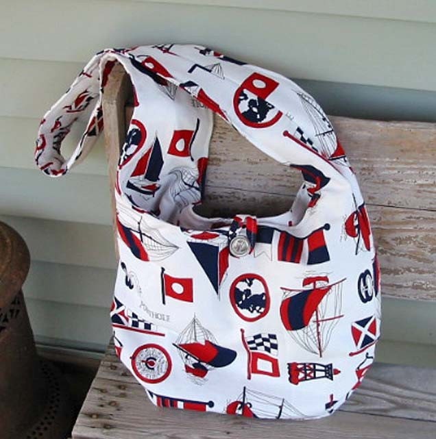 Nautical Unisex MESSENGER BAG Roomy and Secure, Hands Free, Vintage Anchor Button, Pockets, Red, White and Blue Sailboats