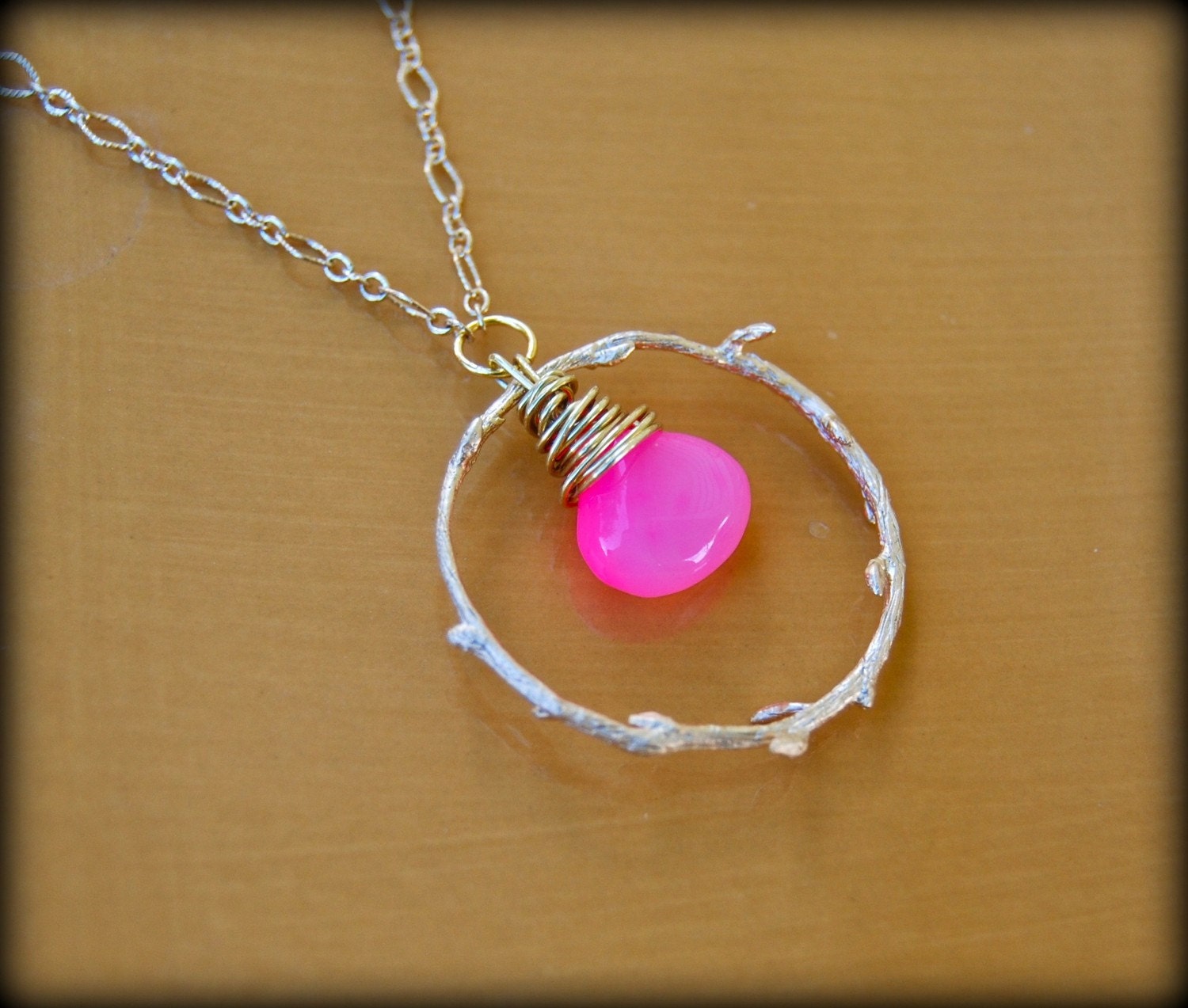 Pink Hoop Necklace - chalcedony, gold vine