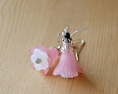 Pink Flower Earrings - pink lucite, white glass
