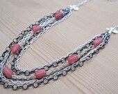Layered Chain Necklace LONG- cherry quartz glass, orchids
