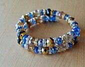 Beaded Wrap Bracelet - gold and blue crystals