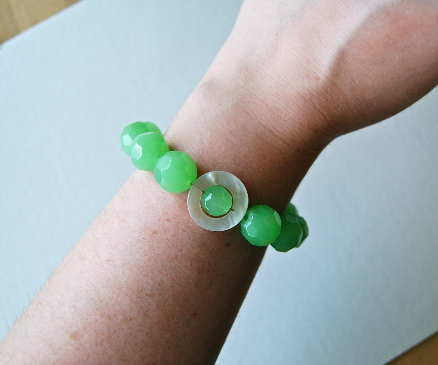 Jade Glass Bracelet - green glass, white shell