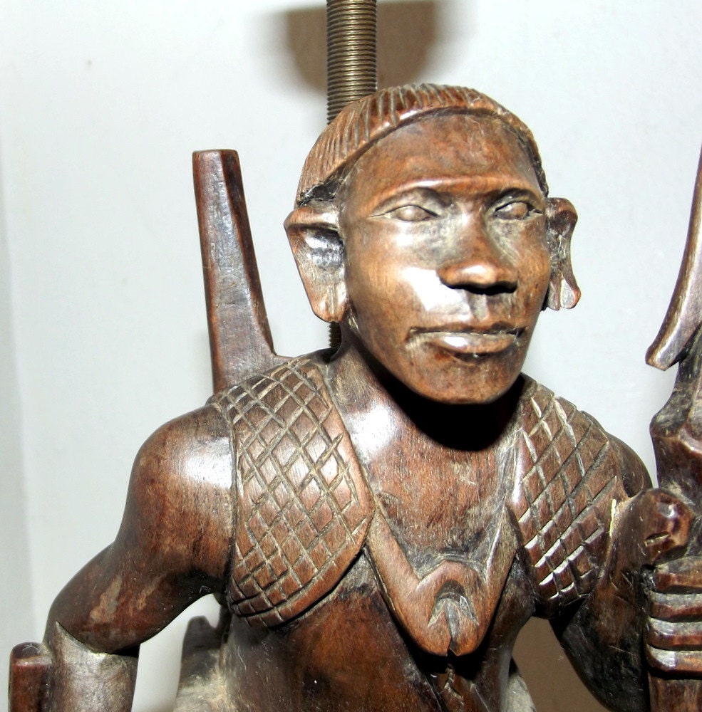 Beautiful Vintage Handcarved Folk Art Wood Lamp of Warrior and Dog