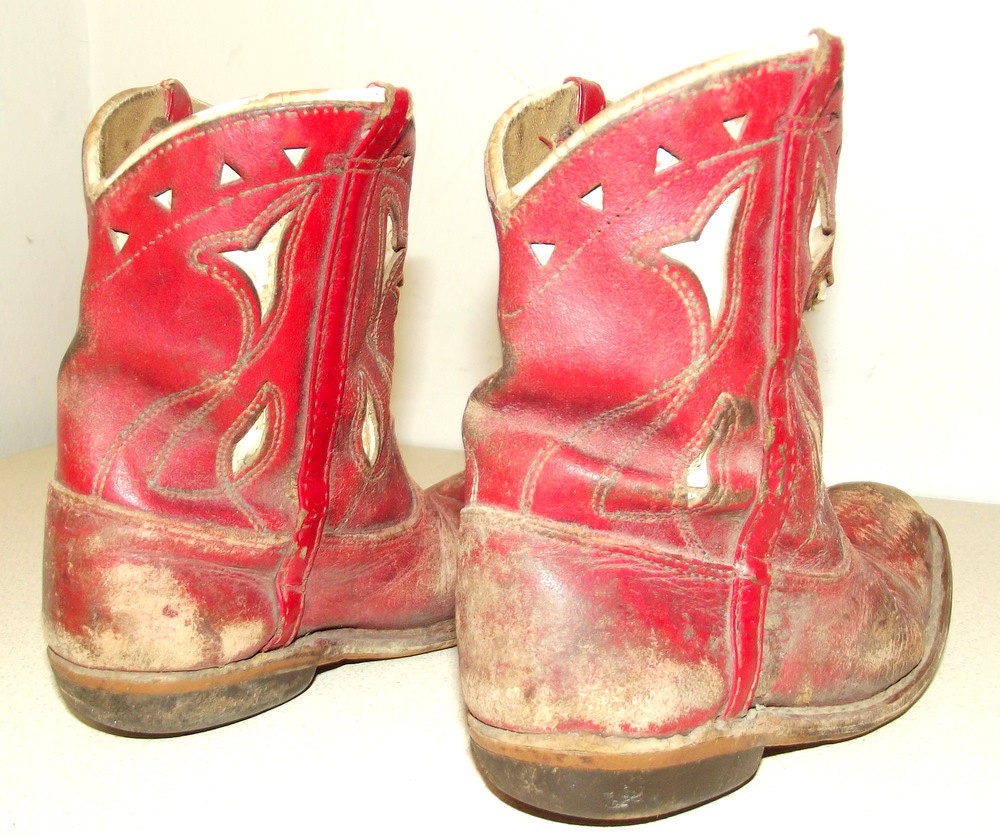 Antique Red Child size Cowboy Boots with white inlay bull design -- Great western theme decor