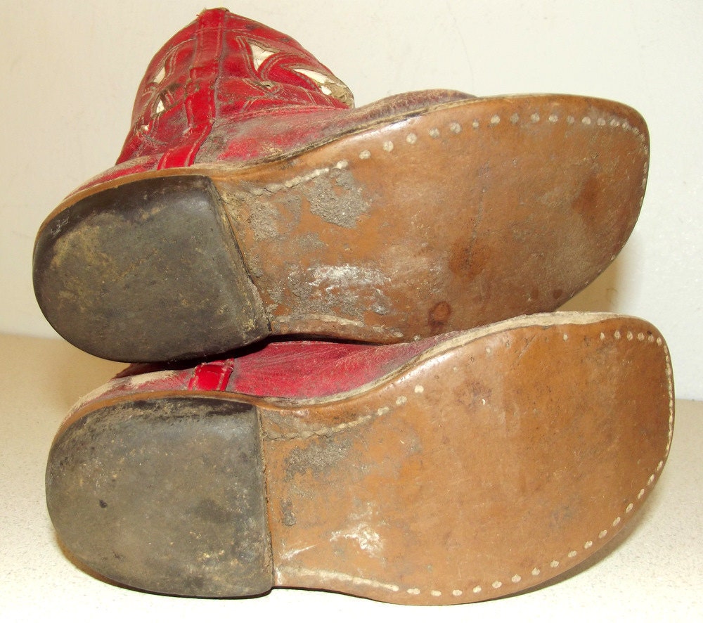 Antique Red Child size Cowboy Boots with white inlay bull design -- Great western theme decor