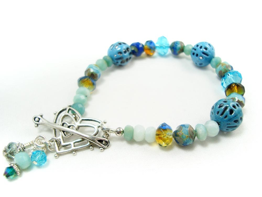 Sky Blue gemstone torch fired enamel heart bracelet