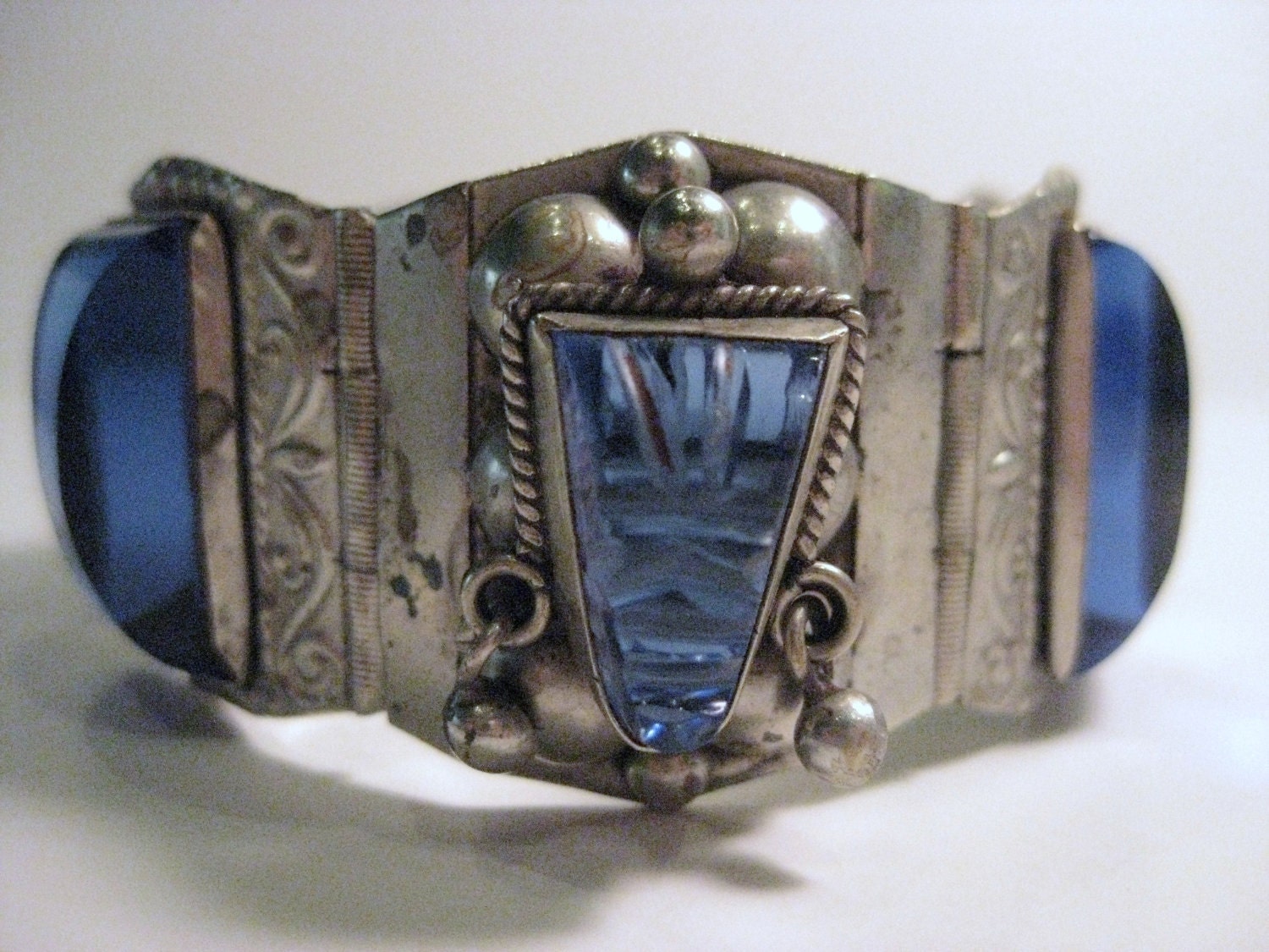 Vintage Taxco Mexico Blue Warrior Mask Bracelet Sterling Silver