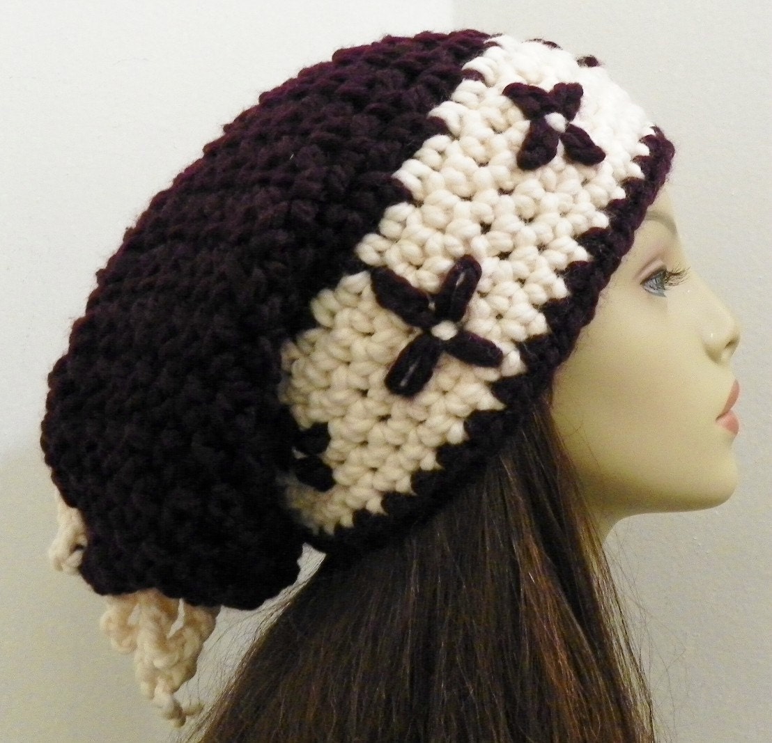 Chunky Wool Blend Drawstring Beanie with Flowers on Band - Eggplant Purple and Cream - Hand Crocheted