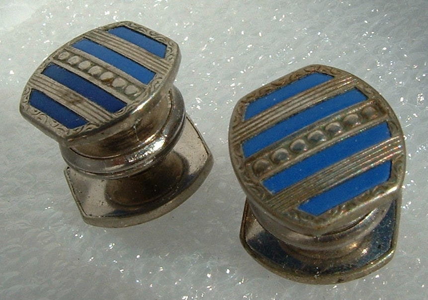 Vintage Men's Jewelry - Blue and Silver Enameled Kum-A-Part Cuff Links