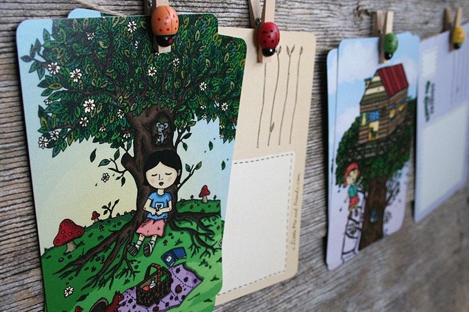 BEAUTIFUL DAY POSTCARDS, set of 6, recycled note cards, tree house, sleeping girl, original illustrations