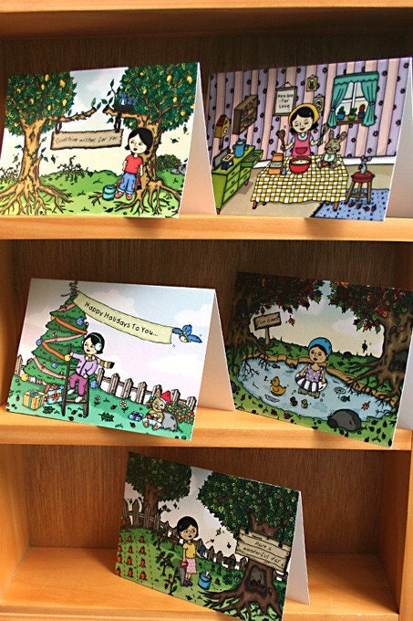 Bonanza Greeting Card Pack by Little Mo and Friends, set of 5, original illustrations, recycled