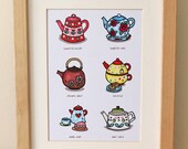 Teapot Collection Art Print 5 x 7 inches by Helena Tay, signed edition, mod retro, vintage kitchen poster art