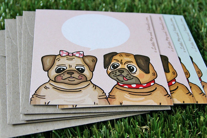 Boy and Girl Pug Conversation Note Cards, Set of 4 mix cards and envelopes, full colour, recycled