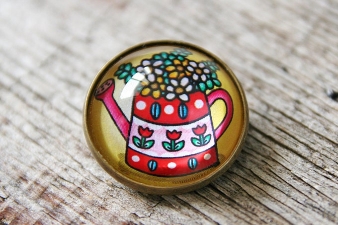 Swedish Tulips Watering Can Glass Brooch - Round bronze brooch with garden flowers