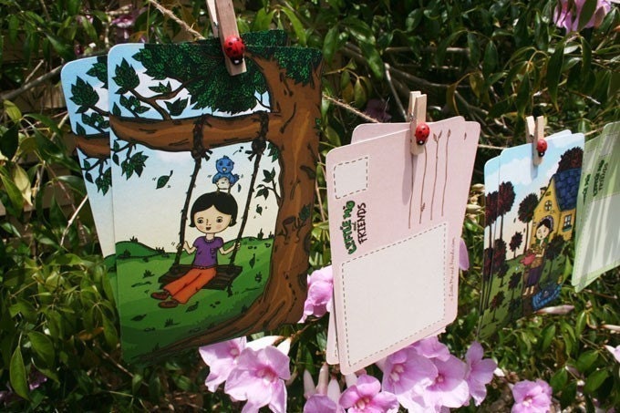 In The Garden Postcards - set of 6, recycled note cards, trees and birds, sleeping cat, original illustrations