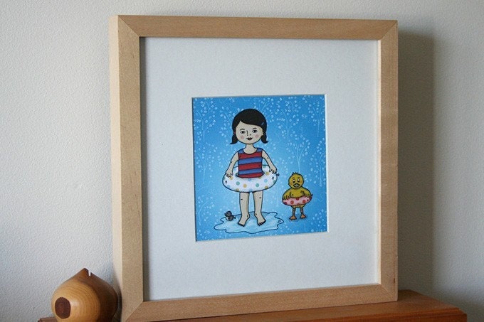DUCK AND MO ART PRINT 5 x 5 inches by Helena Tay, signed edition, duck and girl, swimming