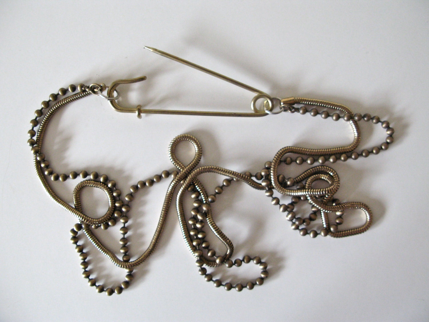 Safety Pin Necklace - oversized vintage pin - vintage chains - multi layered - statement piece - By Corrieberry Pie