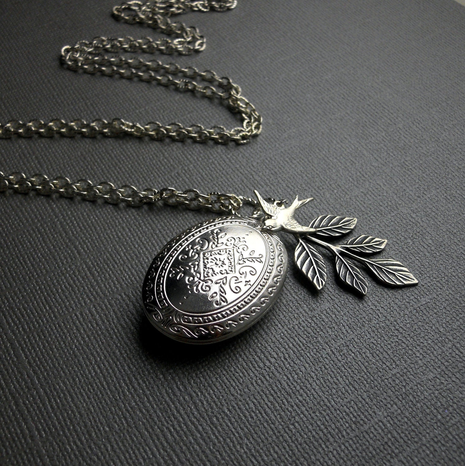 Silver Locket, Bird Sparrow Locket, Antique Finished Silver Leaf Locket, Five Petal Locket-SOPHIE