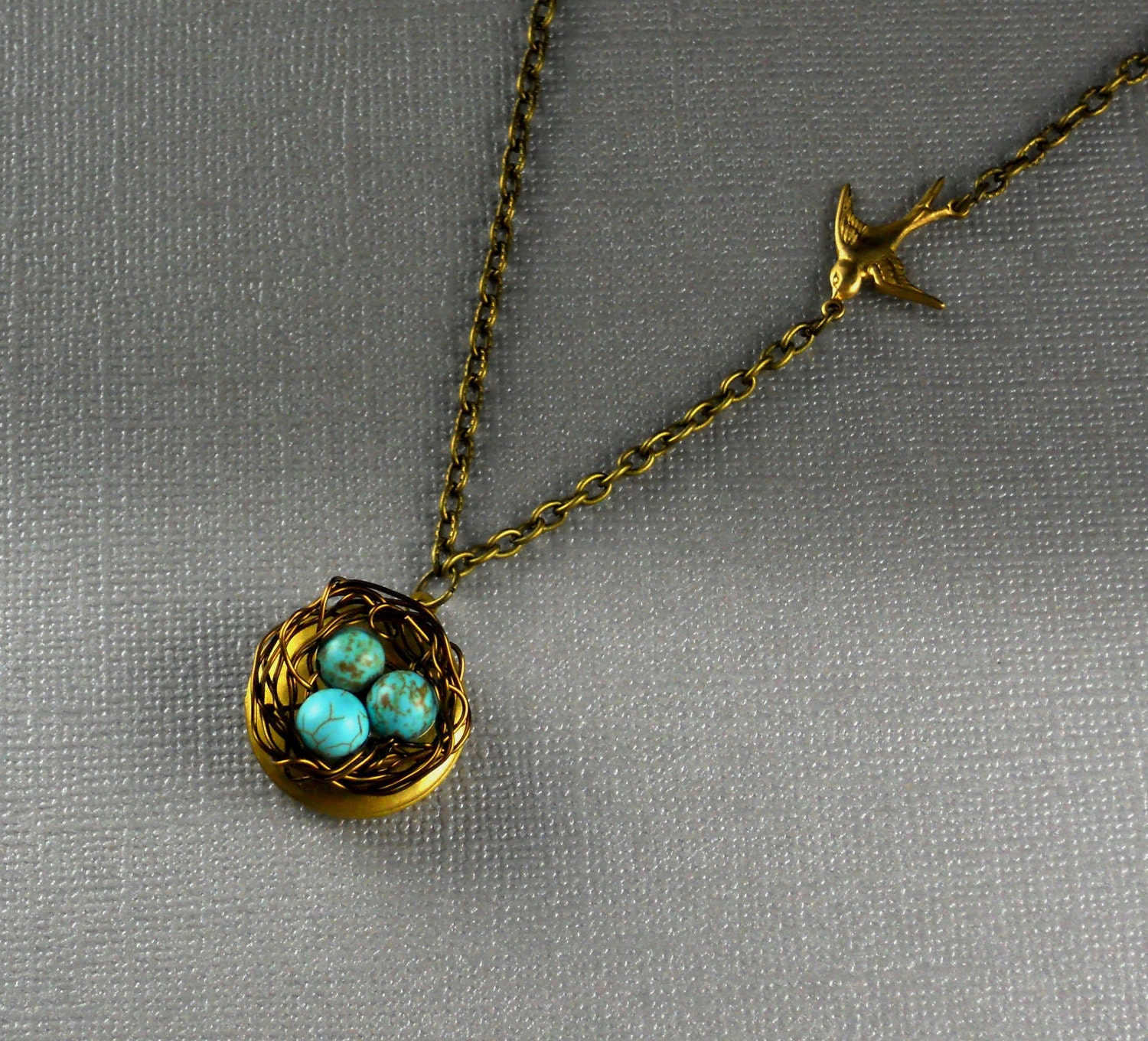 Locket Robin Egg Bird Nest Vintage Bronze Necklace