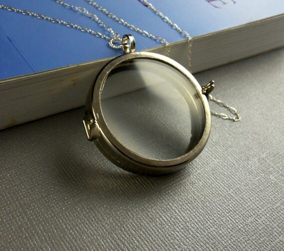 Large Clear Glass Locket, Round Bezel 3D Art Locket, Keepsake Locket, Sterling Silver Long Chain- CRYSTALLINE