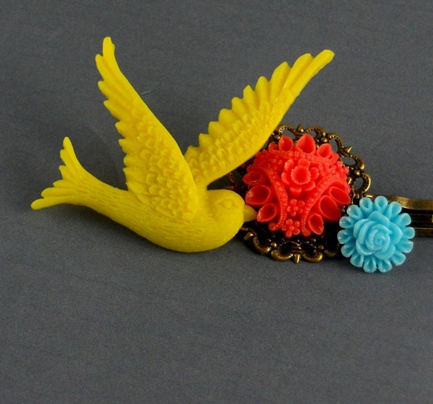 Vintage Bronze Coral Aqua Bird Bobby pins- Pina Colada