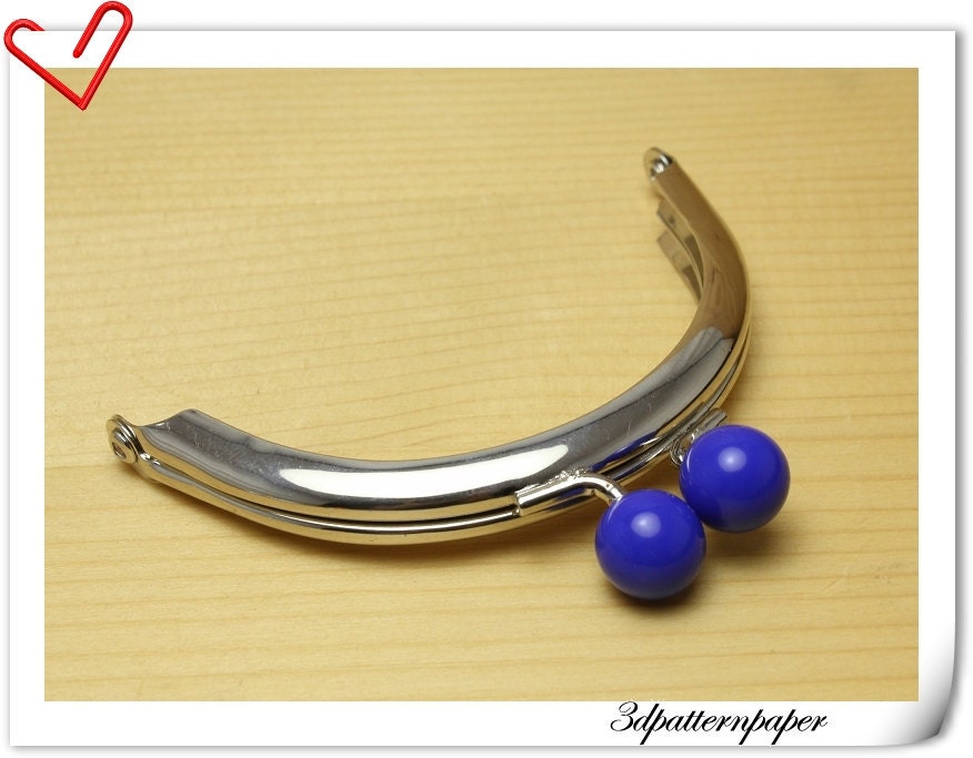 8cm half round Silver purse frame dark blue bobble (purse frame wholesale) AB83