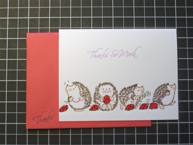 Handmade PaperArt Say Thank You with Hedgehogs Greeting Card with Penny Black Image on Stampin Up Cardstock and Sentiment, Blank Inside