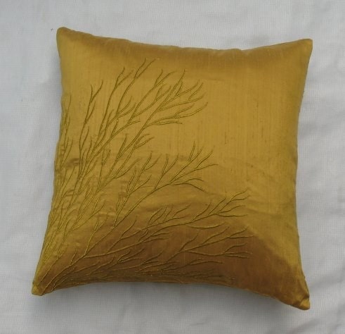 Gold silk throw pillow with coral branch embroidery 16X16 inch cushion cover